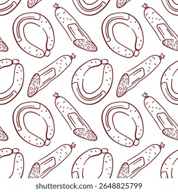 Padrão perfeito com salsicha estilo arte linha e salame em fundo branco. Perfeito para férias de dia de salame, embalagem de carne, açougue, menu deli, design de alimentos e decoração de cozinha.
