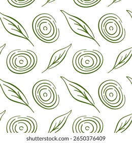 Seamless pattern with line art style onion ring and herb leaf on white background. Perfect for kitchen, textile, food packaging,, wallpaper and healthy cooking design.
