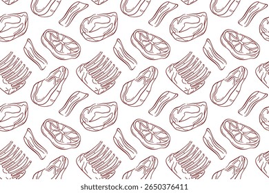 Seamless pattern of line art style steak, bacon, ribs and meat cut on white background. Perfect for butcher packaging, kitchen decor, food menu, grill restaurant or barbecue design.