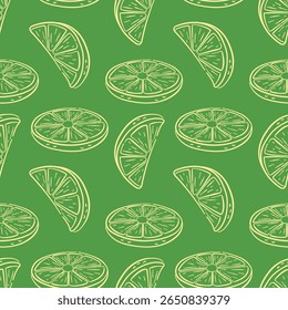Seamless pattern with line art style lemon slice on green background. Perfect for summer delivery packaging, citrus design for fruit decoration project.