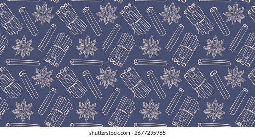 Padrão contínuo com estilo de arte de linha canela e anis estrelado em um fundo azul escuro para tempero e design decorativo temático culinário.