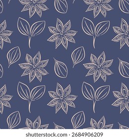 Seamless pattern with line art style star anise and leaf on a dark blue background. Perfect for spice themed or botanical design project.