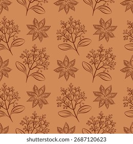 Patrón sin fisuras con la rama del estilo del arte de la línea y la flor del anís de la estrella para los temas herbarios y decorativos del diseño de la especia.