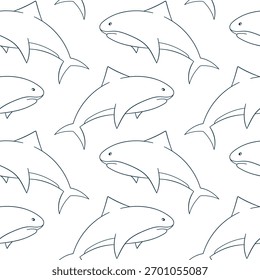 Seamless pattern of line art style shark swimming on a white background for marine and ocean themed design.