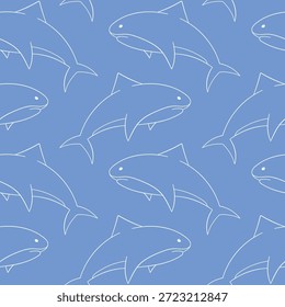 Seamless pattern in line art style with shark swimming on a blue background for summer and ocean design.