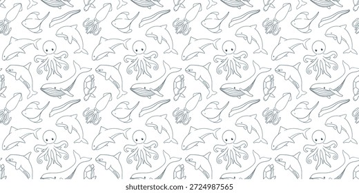 Padrão contínuo em estilo de arte em linha com baleia jubarte, tubarão, arraia, polvo, tartaruga, murena e baleia assassina nadando no oceano. Plano de fundo para o projeto de pacote de verão e mar.