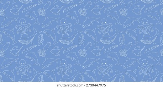 Padrão sem emenda no estilo de arte de linha com animal subaquático, baleia, tubarão, arraia, polvo, tartaruga, muraena e orca no fundo azul.