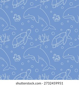 Seamless pattern of line art style dolphin, turtle, coral and bubble on a blue background for ocean and sea wallpaper design.