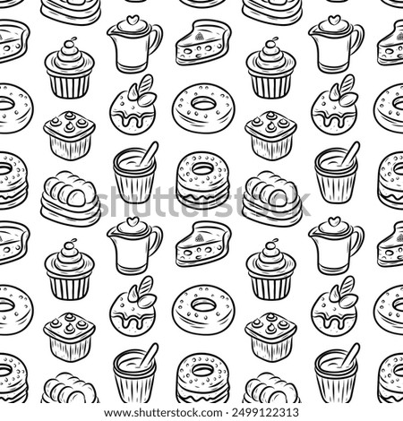 seamless pattern in line art style, repeating pattern. Design for food packaging, sweets, coffee, cake, ice cream, cupcake, vector