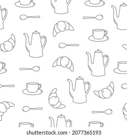 Seamless pattern of line art teapot, cup, spoon and croissant. Black objects on white background. Kitchen utensil. Doodle style. Vector illustration
