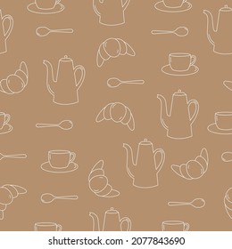 Seamless pattern of line art teapot, cup, spoon and croissant. Beige objects on brown background. Kitchen utensil. Doodle style. Vector illustration