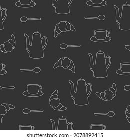 Seamless pattern of line art teapot, cup, spoon and croissant. White objects on black background. Kitchen utensil. Doodle style. Vector illustration