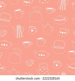 Patrón inexorable de teteras y tazas de arte de línea. Objetos blancos sobre fondo rosado. Fondo de utensilios de cocina. Ilustración del vector