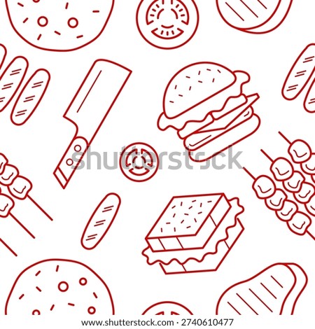 Seamless Pattern Line Art Themed Kebab, Fast Food