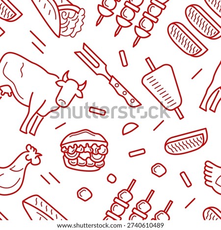 Seamless Pattern Line Art Themed Kebab, Fast Food
