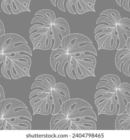 Seamless pattern with line art tropical leaves of monstera. Gray and white design. Print, textile, pattern, vector