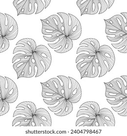 Seamless pattern with line art tropical leaves of monstera. Gray and white design. Print, textile, pattern, vector