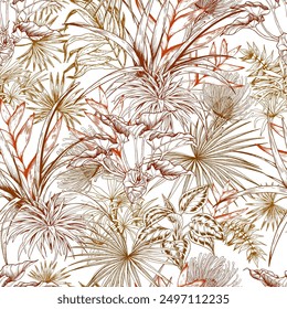 Seamless pattern with line art tropical leaves on white background. Hawaiian style botanical background. Hand drawn vector illustration.