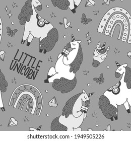 Seamless pattern line art unicorn, rainbow and boho elements, funny unicorn clipart for kids, cute magic horse animals, nursery room decor, illustration on grey background. Vector