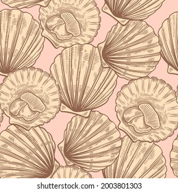 Patrón sin inconvenientes en el estilo vintage del arte lineal con vieiras. Textura de alimento marino para envoltura, diseño, tela