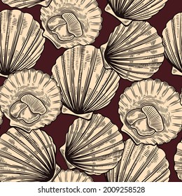 Nahtloses Muster in Linie Art Vintage Stil mit Kammmuscheln. Seefutter-Textur für Umhüllung, Design, Stoff
