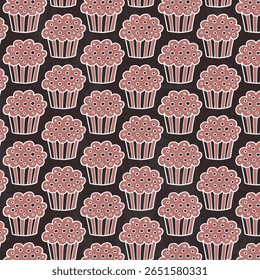 Padrão perfeito com ilustrações de bolos extravagantes de arte em linha. Fundo de rabiscar com várias sobremesas doces de pastelaria. Coquette girlie textura para papel de embrulho, papel de parede, têxtil. Vetor

