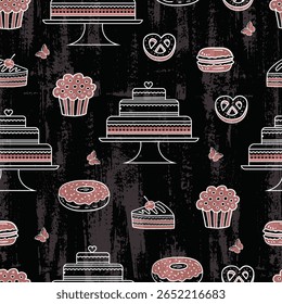 Padrão perfeito com ilustrações de bolos extravagantes de arte em linha. Fundo de rabiscar com várias sobremesas doces de pastelaria. Coquette girlie textura para papel de embrulho, papel de parede, têxtil. Vetor
