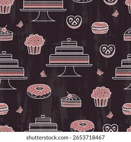 Padrão perfeito com ilustrações de bolos extravagantes de arte em linha. Fundo de rabiscar com várias sobremesas doces de pastelaria. Coquette girlie textura para papel de embrulho, papel de parede, têxtil. Vetor
