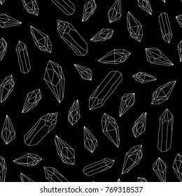 Seamless pattern. Line art white crystals gems on black background. Vector illustration.