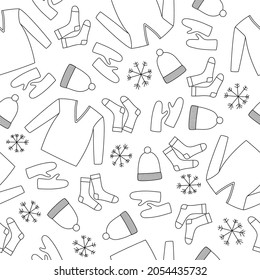 Seamless pattern of line art winter clothes. Sweater, mittens, hat, socks and snowflakes. Doodle style. . Vector illustration