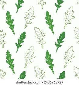 Seamless pattern line arugula. Vector painted. Illustration superfood on white background. Sketch leaves in cartoon flat style green outline. Green color.