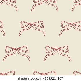 Seamless pattern with line bows. Vector outline background with ribbons in retro style. Coquette retro aesthetic