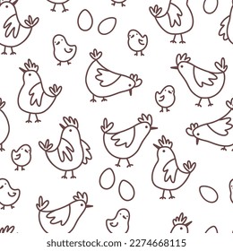 Seamless pattern with line chicken chicks and eggs on a white background. Hand drawn vector illustration.