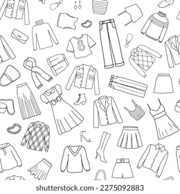 Seamless pattern with line clothes. Doodle outline dress, skirt, jacket, shoes, jeans on white