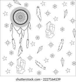 Línea de patrón sin inconvenientes con cristal, rayador de sueños y estrellas en vector.