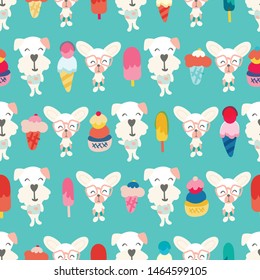 Seamless pattern of line up of cute dogs and ice creams
