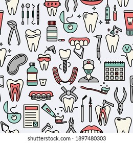 Seamless pattern with line dentistry icons. Dental flat vector elements.