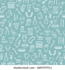 Seamless pattern with line dentistry icons. Dental flat vector elements.
