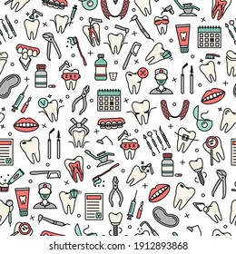 Seamless pattern with line dentistry icons. Dental flat vector elements.