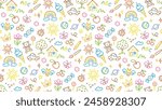 Seamless pattern with line doodle children drawing. Fun icons, childish drawings such as flower, ice cream, candy, sun, house, tree, apple, heart, stars isolated on white background.