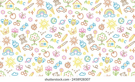 Seamless pattern with line doodle children drawing. Fun icons, childish drawings such as flower, ice cream, candy, sun, house, tree, apple, heart, stars isolated on white background.