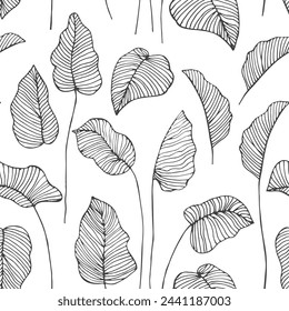 Seamless pattern, line drawing of contour leaves on a light background. Background, textile, vector