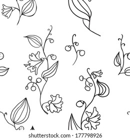 seamless pattern with line drawing doodle flowers, vector hand drawn illustration