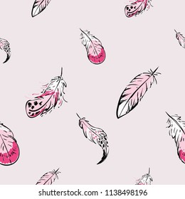Seamless pattern with line drawing feathers. Beautiful long, short, small and big feather of tropical paradise birds. Hand drawn graphic illustration.