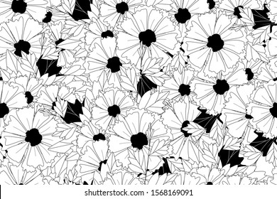 Seamless pattern of line drawing flowers bouquet in black and white colors
