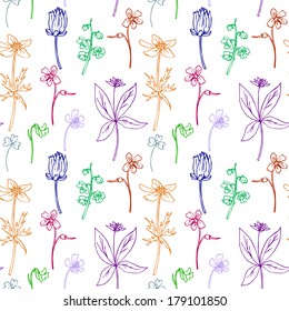 Seamless pattern with line drawing herbs, hand drawn vector illustration