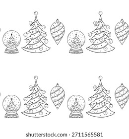 Seamless pattern. Line drawing of winter symbols. For your design. spruce, Christmas tree decorations, snow globe