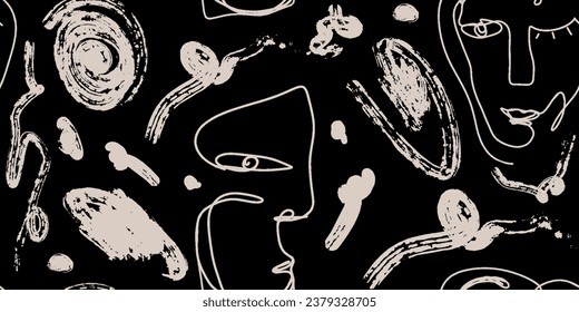 Seamless pattern line drawing of women with different faces and abstract lines.