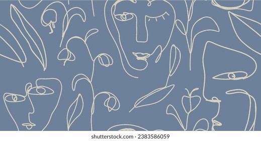 Seamless pattern line drawing of women with different faces and flowers
