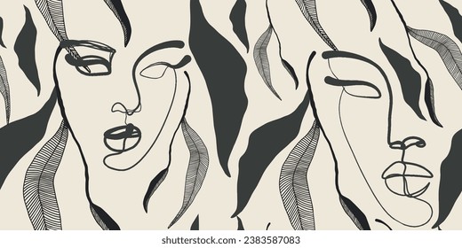 Dibujo de patrones sin foco de mujeres con caras y flores diferentes.

